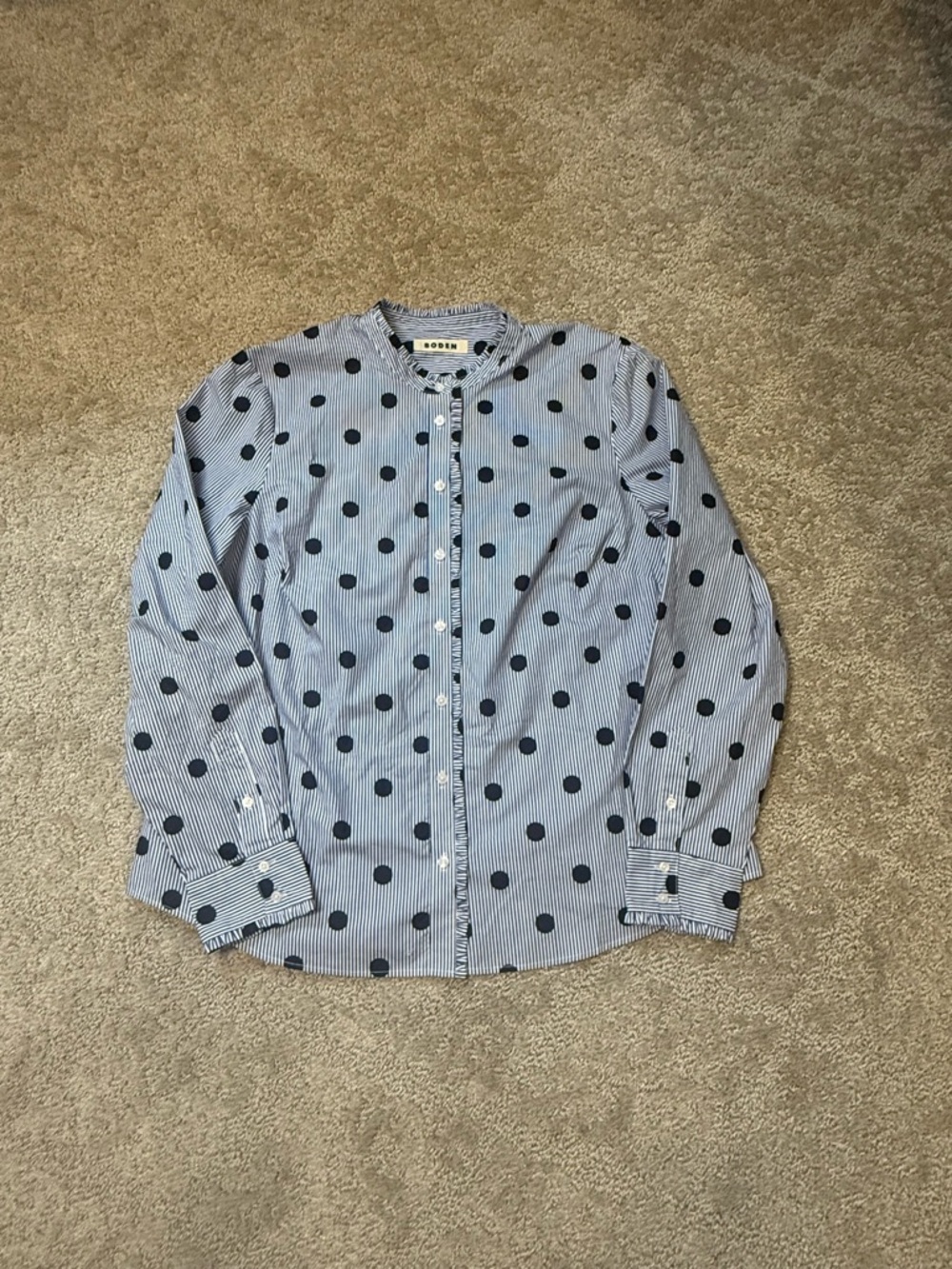 Boden Blue and White Striped Shirt with Navy Polka Dots